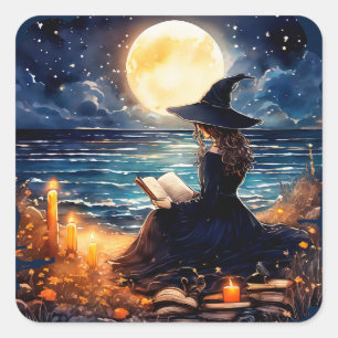 Hexe liest ein Buch - Wicca Halloween 1 Quadratischer Aufkleber