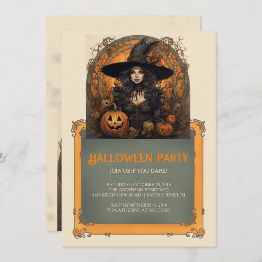 Hexe Mädchen und Pumpkins Gothic Halloween Einladung (Vorne/Hinten)