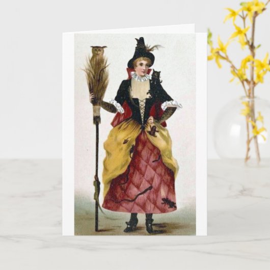 Hexe mit Besen und Eule Karte (Gelbe Blume)
