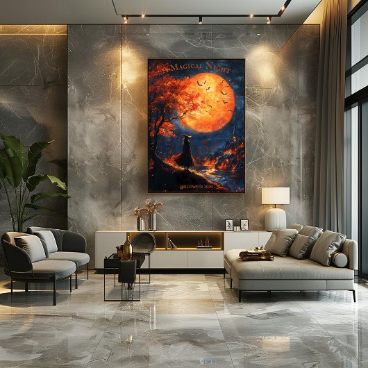 Hexe mit Blick auf Village Halloween mit Vollmond Poster