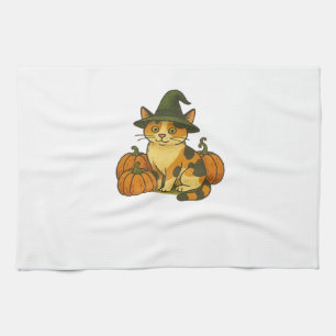 Hexe mit Calico-Katze und Kürbissen Halloween-Desi Geschirrtuch
