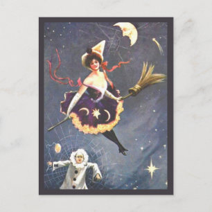 Hexe mit Clown und Spinnennetzen Vintage Halloween Postkarte