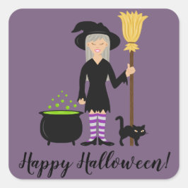Hexe mit einem Cat & glücklichen Halloween-Text Quadratischer Aufkleber