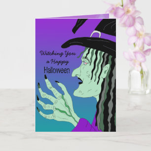 Hexe mit einem glücklichen Halloween-Handgezeichne Karte