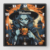 Hexe mit einem Trank zu Halloween Quadratische Wanduhr (Vorderseite)