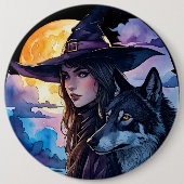 Hexe mit einem Wolf - Halloween Fan Fun 1 Button (Vorderseite)