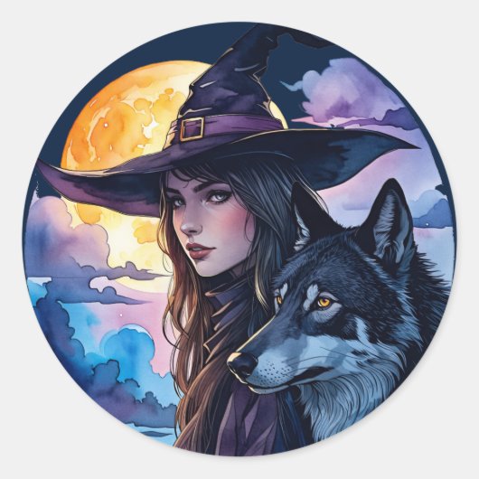 Hexe mit einem Wolf - Halloween Fan Fun 1 Runder Aufkleber (Vorderseite)