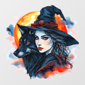 Hexe mit einem Wolf - Halloween Fan Fun 2 Fensteraufkleber (Blatt)