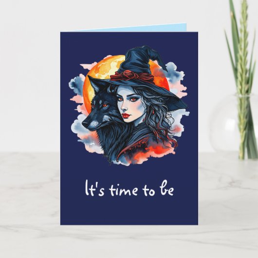 Hexe mit einem Wolf - Halloween Fan Fun 2 Karte (Vorderseite)