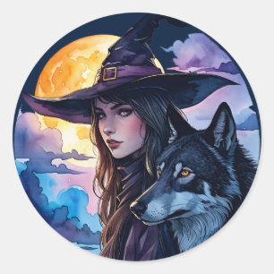 Hexe mit einem Wolf - Halloween Fan Spaß 1 Runder Aufkleber