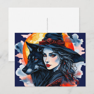 Hexe mit einem Wolf - Halloween Fan-Spaß 2 Postkarte