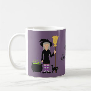 Hexe mit einer Katze auf Lila & Frohes Halloween-T Kaffeetasse