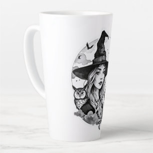 Hexe mit einer Katze und einer Eule - Halloween Fa Milchtasse