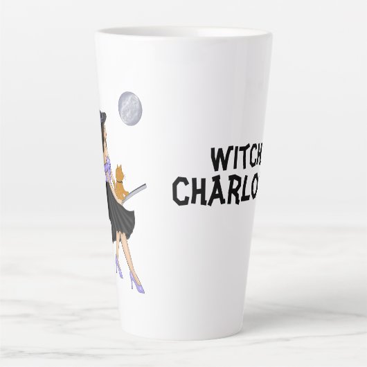 Hexe mit einer orangefarbenen Katze auf einem Broo Milchtasse (Vorderseite)