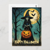 Hexe mit grauem Kürbis Laternenröschen Halloween Postkarte (Vorne/Hinten)