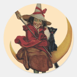 Hexe mit ihrer Katze auf dem Mond - Halloween-Stic Runder Aufkleber