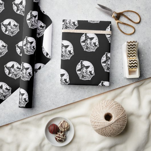 Hexe mit Katze und Schüssel - Halloween Fan Spaß 1 Geschenkpapier (Kunsthandwerk)