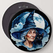 Hexe mit Katze - Wicca Halloween 1 Button (Vorne & Hinten)
