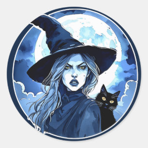 Hexe mit Katze - Wicca Halloween 2 Runder Aufkleber
