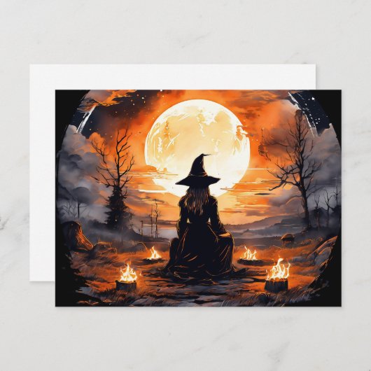 Hexe mit Kerzen und Feuer - Wicca Halloween 2 Postkarte (Vorne/Hinten)
