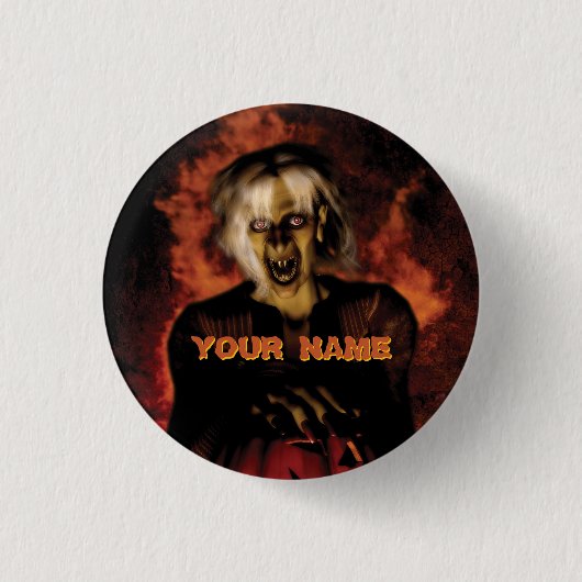 Hexe mit Kürbis gewischt. Halloween Button (Vorderseite)