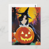 Hexe mit Kürbis vor Vollmond Postkarte (Vorne/Hinten)