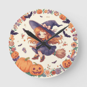Hexe mit Kürbissen Halloween-Uhr Runde Wanduhr