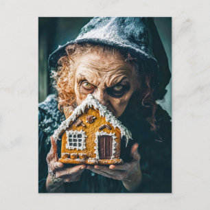 Hexe mit Lebkuchenhäuschen im Märchenwald Postkarte