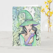 Hexe mit Orange Tabby Cat Card Karte (Gelbe Blume)