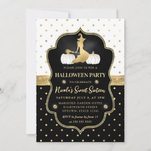 Hexe mit schwarzen und weißen Tupfen Sweet 16 Einladung