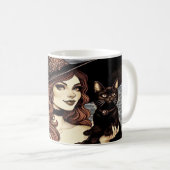 Hexe mit schwarzer Katze und Bücher Kaffeetasse (VorderseiteRechts)