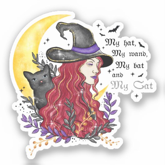 Hexe mit schwarzer Katze und Halbmond Aufkleber (Vorderseite)
