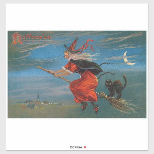 Hexe mit schwarzer Katze zu Halloween Aufkleber (Blatt)