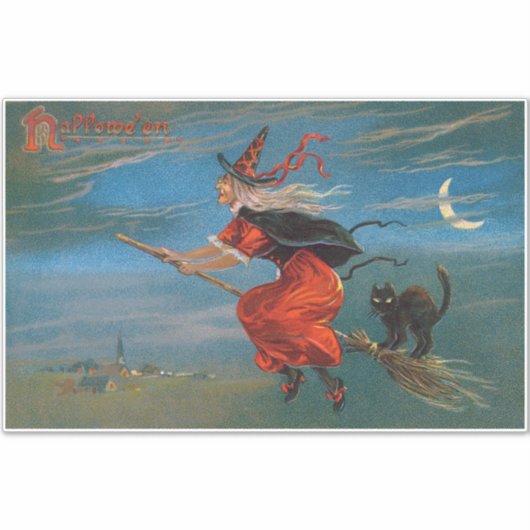 Hexe mit schwarzer Katze zu Halloween Aufkleber (Vorderseite)