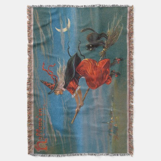 Hexe mit schwarzer Katze zu Halloween Decke (Vorderseite Vertikal)