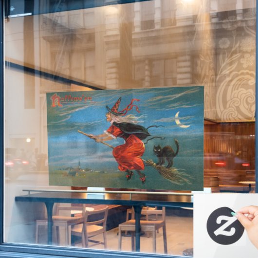 Hexe mit schwarzer Katze zu Halloween Fensteraufkleber (Café-Fenster)
