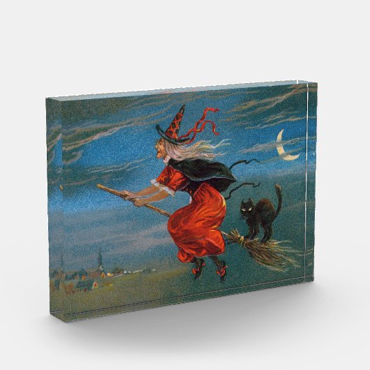 Hexe mit schwarzer Katze zu Halloween Fotoblock (Links)