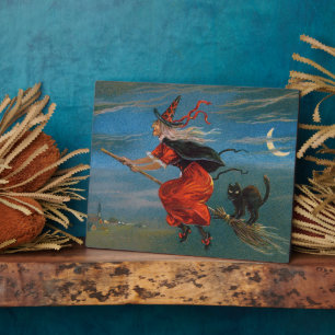 Hexe mit schwarzer Katze zu Halloween Fotoplatte