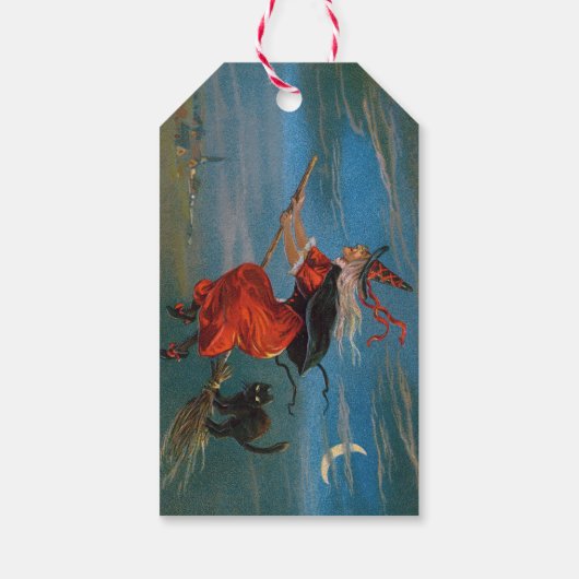 Hexe mit schwarzer Katze zu Halloween Geschenkanhänger (Rückseite)