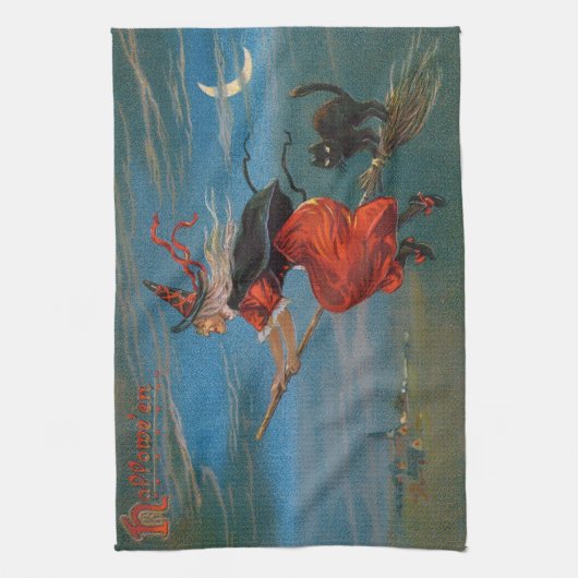 Hexe mit schwarzer Katze zu Halloween Geschirrtuch (Vertikal)