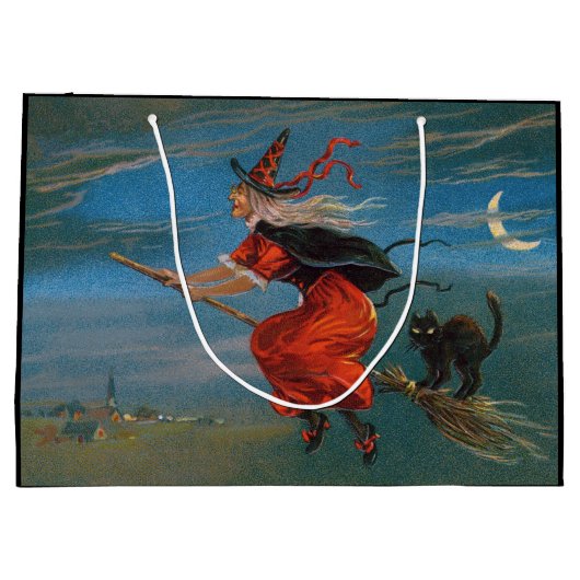 Hexe mit schwarzer Katze zu Halloween Große Geschenktüte (Rückseite)