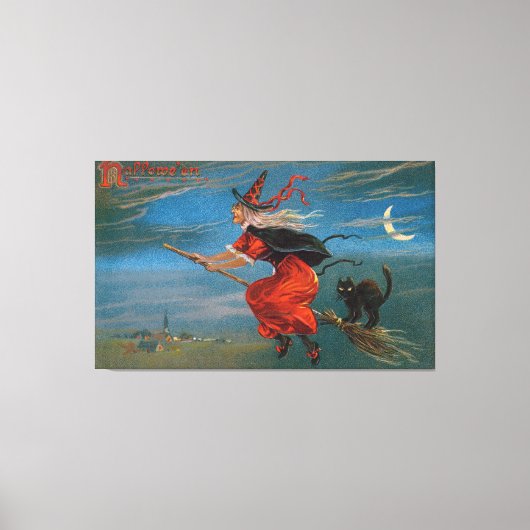 Hexe mit schwarzer Katze zu Halloween Leinwanddruck (Vorderseite)