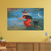 Hexe mit schwarzer Katze zu Halloween Leinwanddruck (Insitu (Wohnzimmer))