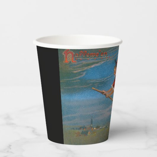 Hexe mit schwarzer Katze zu Halloween Pappbecher (Vorderseite)