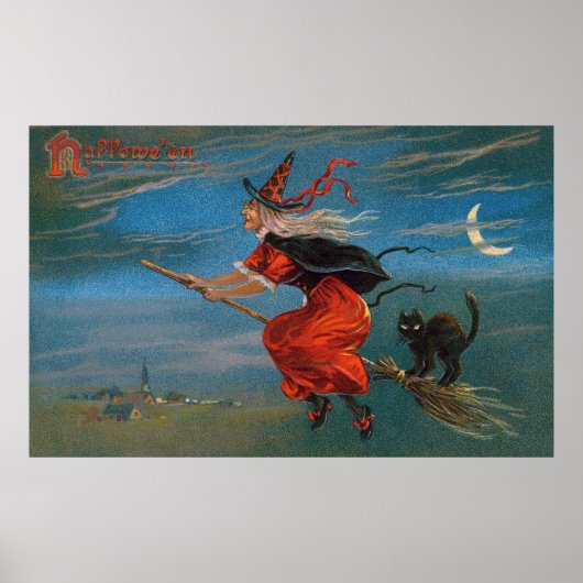 Hexe mit schwarzer Katze zu Halloween Poster (Vorne)