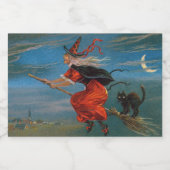 Hexe mit schwarzer Katze zu Halloween Schaumweinetikett (Einzelnes Label)