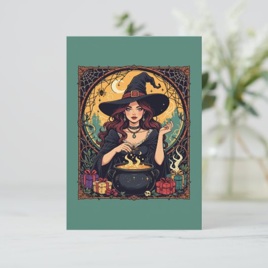Hexe mit Spinnen bezaubernd Einladung (Stehend Vorderseite)