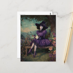 Hexe mit Tee auf einer Bank unter einem Baum Postkarte