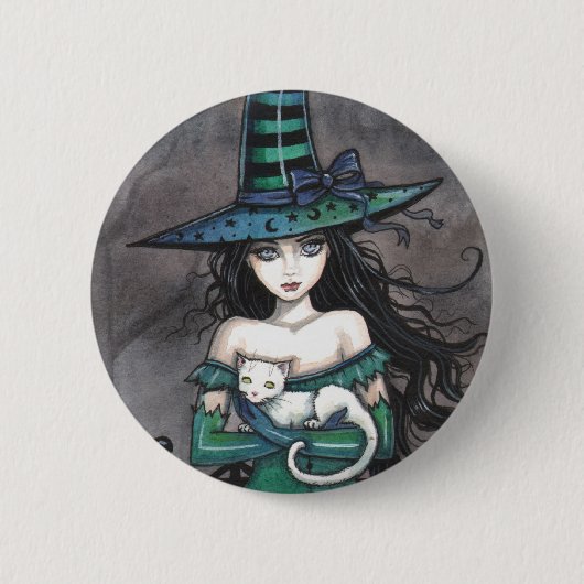 Hexe mit weißer Katze Pinback-Button Button (Vorderseite)