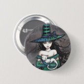 Hexe mit weißer Katze Pinback-Button Button (Vorne & Hinten)